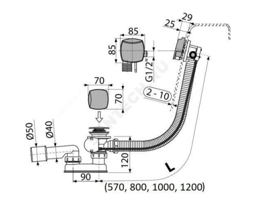 Слив-перелив для ванны плоский полуавтоматический (тросик) с переходной трубкой 10гр. 40/50 Alca Plast A564KM3-100