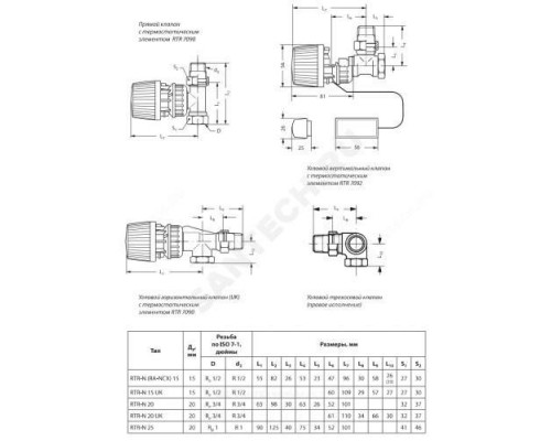 Комплект термостатический RTR-N/RTR 7090 газ/нап для двухтр Ду 20 Ру10 угловой клипс RTR (RA) 5-26oC с преднастройкой Danfoss 013G2175