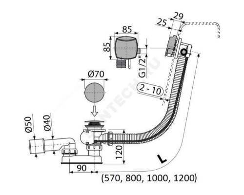 Слив-перелив для ванны плоский полуавтоматический (тросик) с переходной трубкой 10гр. 40/50 Alca Plast A564KM1-100
