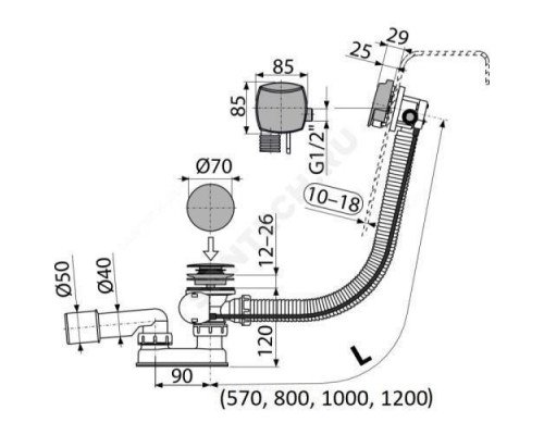 Слив-перелив для ванны плоский полуавтоматический (тросик) с переходной трубкой 10гр. 40/50 Alca Plast A565KM1-100