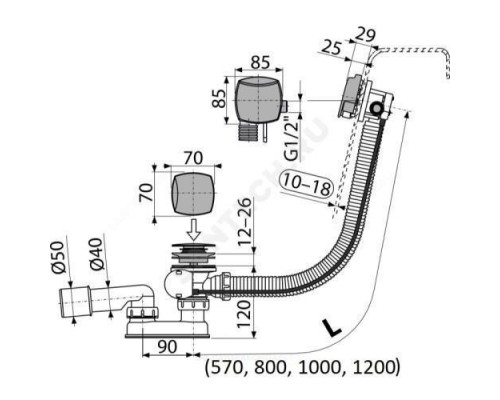 Слив-перелив для ванны плоский полуавтоматический (тросик) с переходной трубкой 10гр. 40/50 Alca Plast A565KM3-100