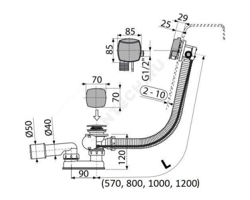 Слив-перелив для ванны плоский полуавтоматический (тросик) с переходной трубкой 10гр. 40/50 Alca Plast A564CRM2-80