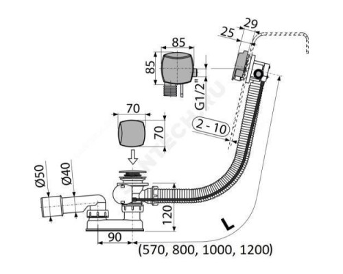 Слив-перелив для ванны плоский полуавтоматический (тросик) с переходной трубкой 10гр. 40/50 Alca Plast A564CRM3-120