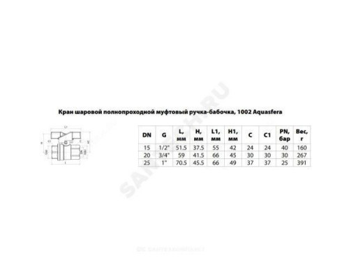 Кран шаровой латунь никель 1002 Euro Ду 25 Ру25 ВР полнопроходной бабочка Aquasfera 1002-03