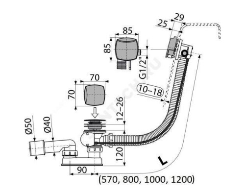Слив-перелив для ванны плоский полуавтоматический (тросик) с переходной трубкой 10гр. 40/50 Alca Plast A565CRM3-120