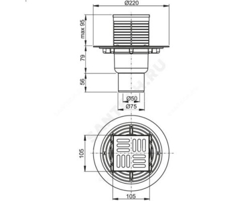 Трап регулируемый с гидрозатвором+механический сухой затвор Дн 50/75 нержавеющая сталь 105х105мм вертикальный выпуск Alca Plast APV2321