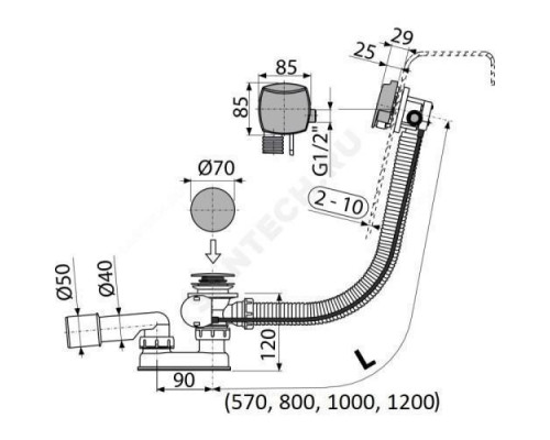 Слив-перелив для ванны плоский полуавтоматический (тросик) с переходной трубкой 10гр. 40/50 Alca Plast A564CRM1-100