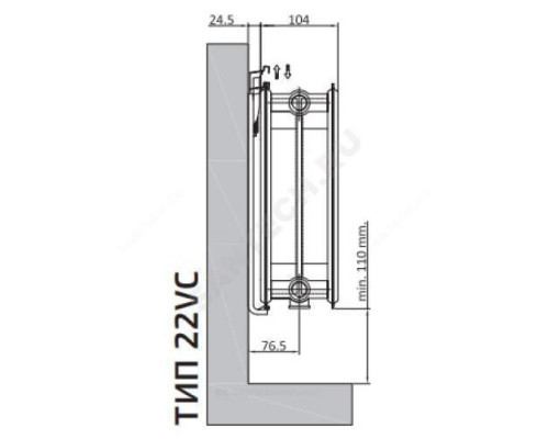 Радиатор стальной панельный Ventil Compact VC тип 22 400х2400 Qну=4419 Вт ниж/п в комплекте кронштейн. встроенный вентиль RAL 9016 (белый) Heaton Plus