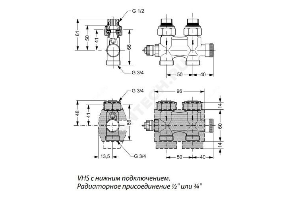 Узел нижнего подключения термостатический VHS для двухтр Ду 15 Ру10  1/2