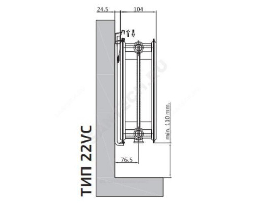 Радиатор стальной панельный Ventil Compact VC тип 22 500х800 Qну=1772 Вт ниж/п в комплекте кронштейн. встроенный вентиль RAL 9016 (белый) Heaton Plus