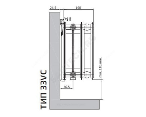 Радиатор стальной панельный Ventil Compact VC тип 33 400х1500 Qну=3728 Вт ниж/п в комплекте кронштейн. встроенный вентиль RAL 9016 (белый) Heaton Plus