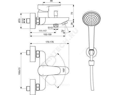 Смеситель для ванны с душем одноручный CERAFINE O Ideal Standard BC706XG ..