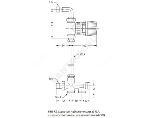 Клапан термостатический RTR-KE для однотр Ду 15 Ру10 с уплотнительной втулкой и отводом клипс RTR (RA) Danfoss 013G7042