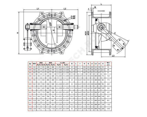 Клапан обратный чугун поворотный CP4243 Ду 1000 Ру16 Тмакс=80 оС фл заслонка чугун с противовесом Tecofi CP4243-1000