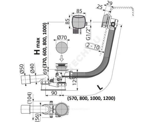 Слив-перелив для ванны плоский полуавтоматический (тросик) с переходной трубкой 10гр. 40/50 Alca Plast A566-273133-80