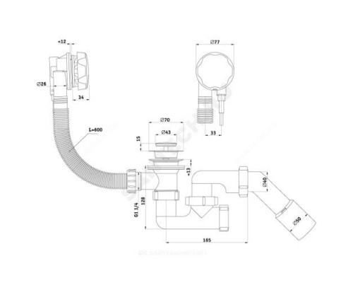 Слив-перелив для ванны регулируемый полуавтоматический (тросик) 1 1/2''x40 с переходной трубкой 45гр. 40/50 слив клапан, пробка D=46мм АНИ Пласт EM321