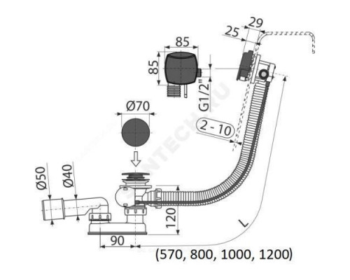 Слив-перелив для ванны плоский полуавтоматический (тросик) с переходной трубкой 10гр. 40/50 Alca Plast A564BLACK-100