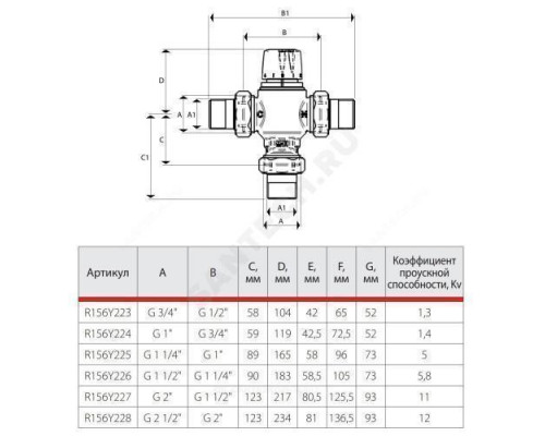 Клапан смесительный термостатический седельный латунь R156-2 Ду 20 Ру10 3/4