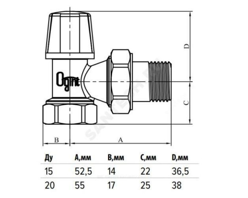 Клапан запорный для радиатора Ду 15 Ру10 ВР угловой Ogint