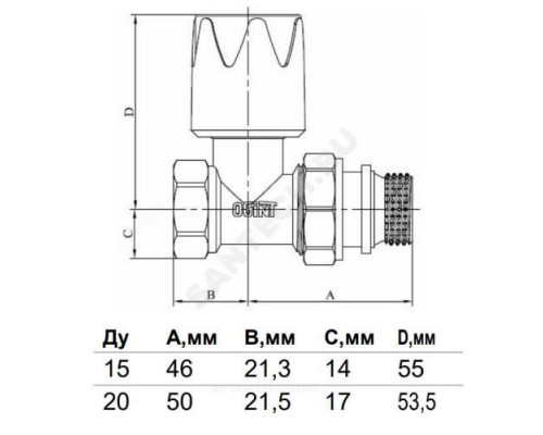 Клапан ручной регулировки для радиатора Ду 20 Ру10 ВР прямой штуцер с герметичной прокладкой Ogint