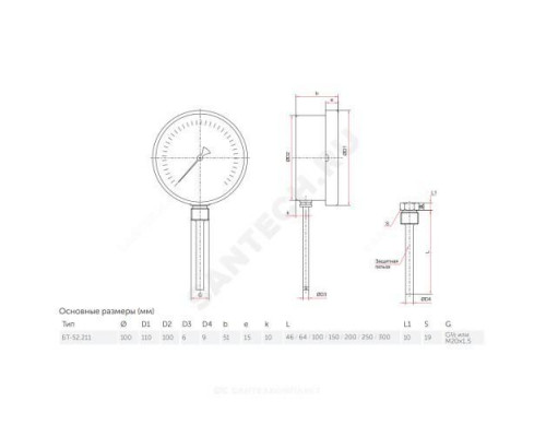 Термометр биметаллический радиальный Дк100 L=64мм G1/2