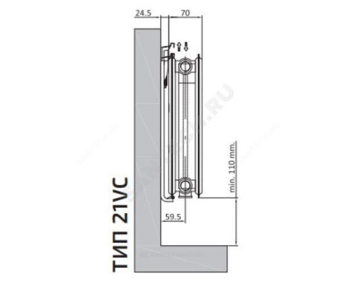 Радиатор стальной панельный Ventil Compact VC тип 21 500х800 Qну=1388 Вт ниж/п в комплекте кронштейн. встроенный вентиль RAL 9016 (белый) Heaton Plus