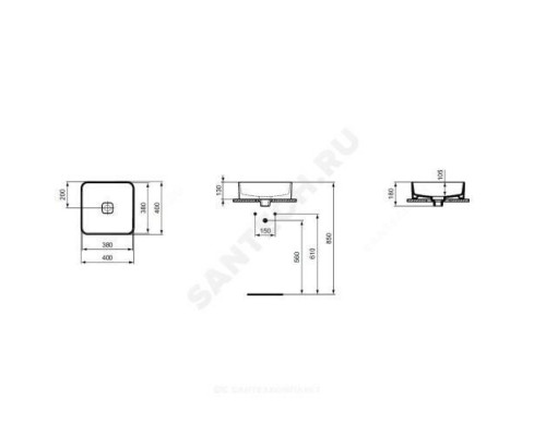 Умывальник мебельный STRADA II Square Vessel 40 без отверстия под смеситель Ideal Standard T296201